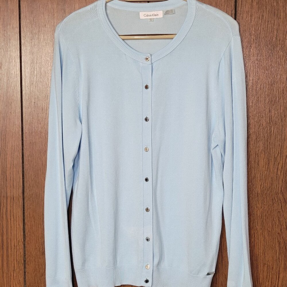 1990s Light Blue Knit Button Up Cardigan Sweater Size L Cottagecore Stretch